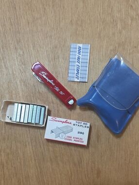 Vintage Swingline Tot 50 Red Mini Stapler with Blue Holder 1956-1963